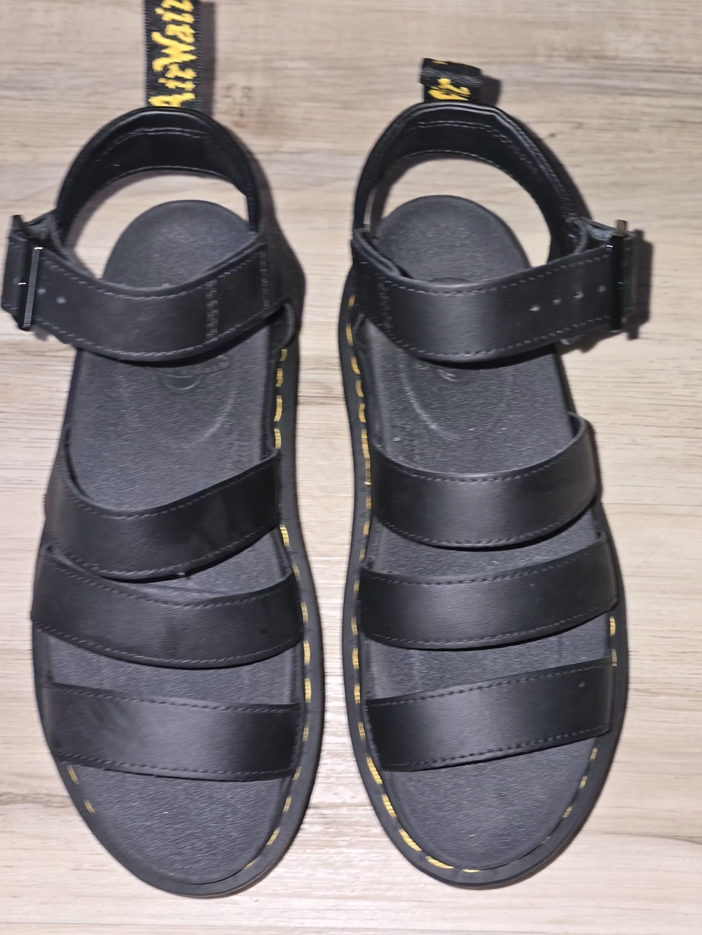 Dr. Martens Black Leather Strappy Sandals with Yellow Stitching
